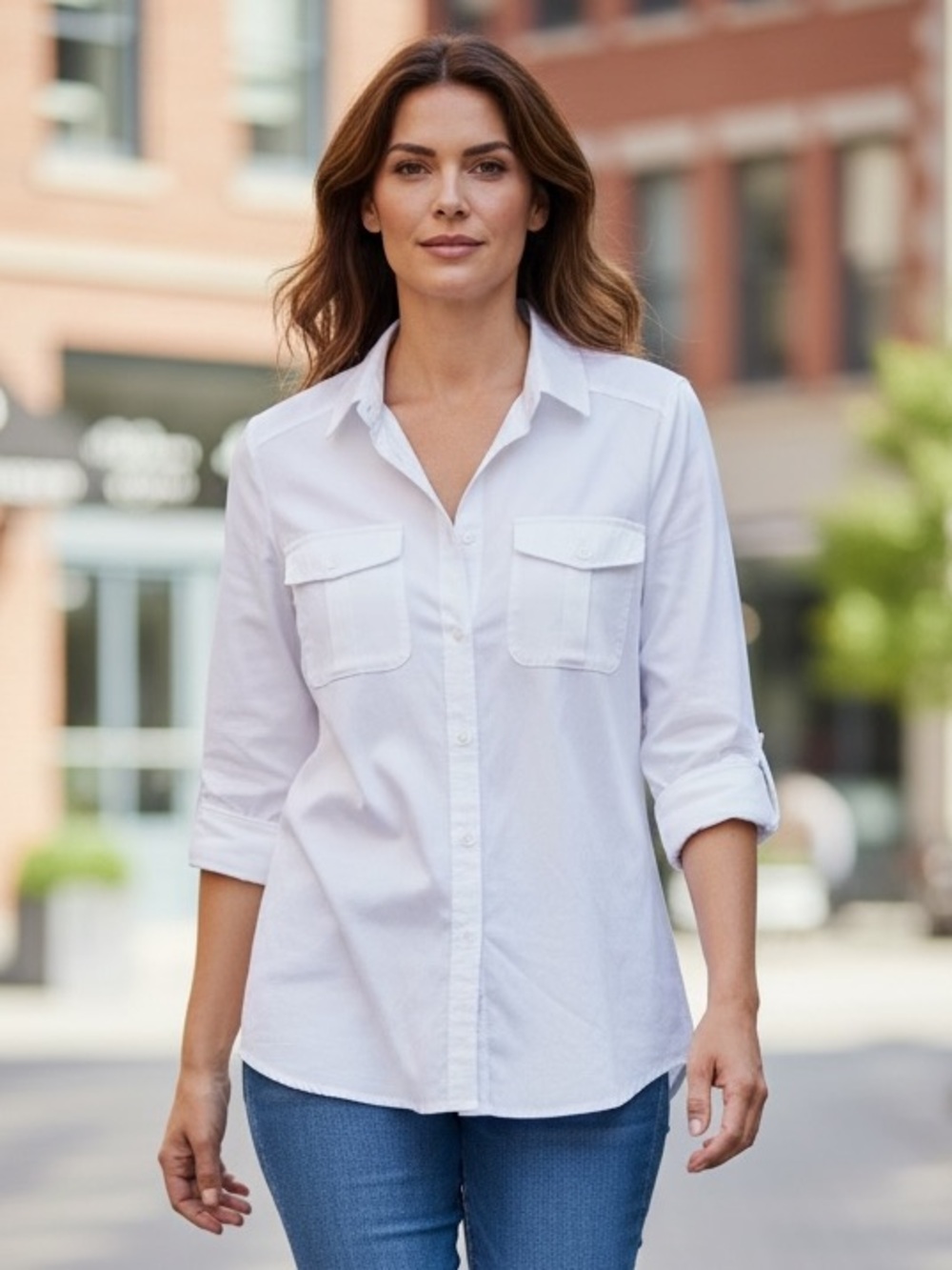 Guess Woman’s White Button-Down Long Sleeve Cotton Shirt w Pockets SZ Large EUC